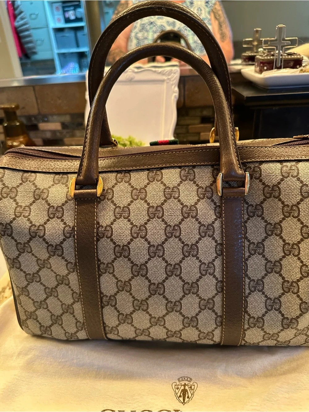 Gucci Brown GG Supreme Canvas Satchel with Signature Web Stripe